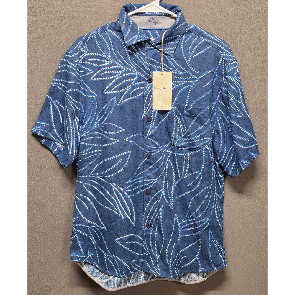 Tommy Bahama Mens M Short Sleeve Silk Blend Shirt Tropical Leaf Coolmax Casual